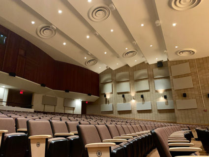 Acoustical panels on Whitehead Auditorium’s side and back walls improve the natural room acoustics and eliminate distracting flutter echoes.