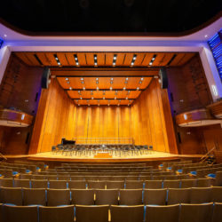 Custom ceiling heights in the Gogue Center’s Woltosz Theatre led to a custom solution with the Diva Acoustical Shell